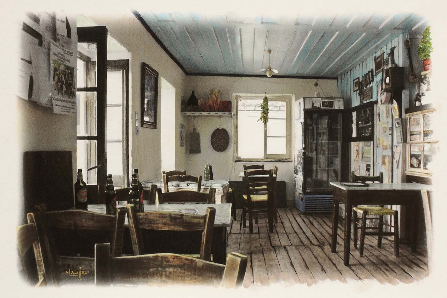 Gabriel Stauffer - Paxos, Bournaos Café, Interior 2017  Watercolor on gelatin silver print   30x40 cm - Unique work